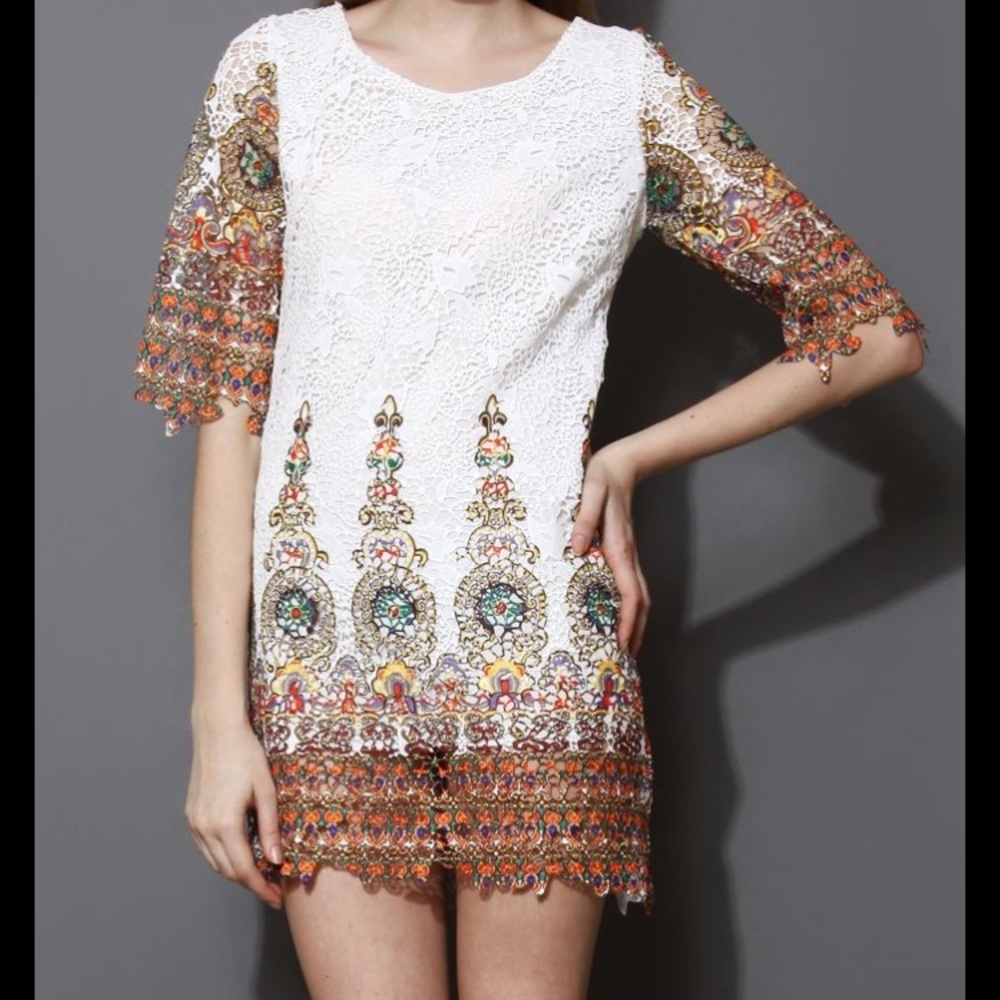 Baroque Printed Full Lace Mid-Sleeve Dress